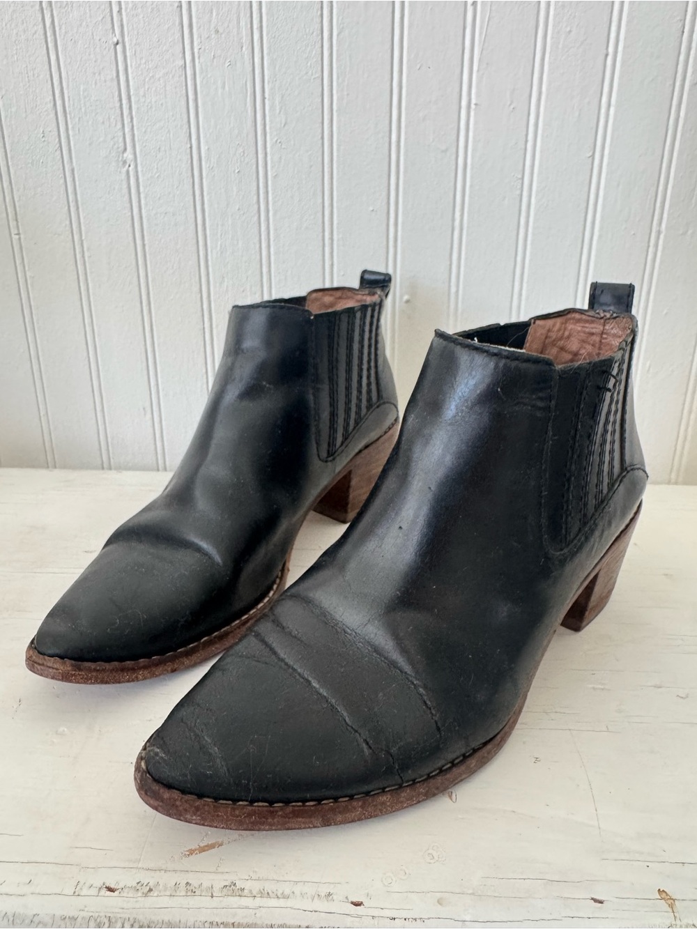 Madewell Black Leather Pointed Ankle Booties with Block Heel
